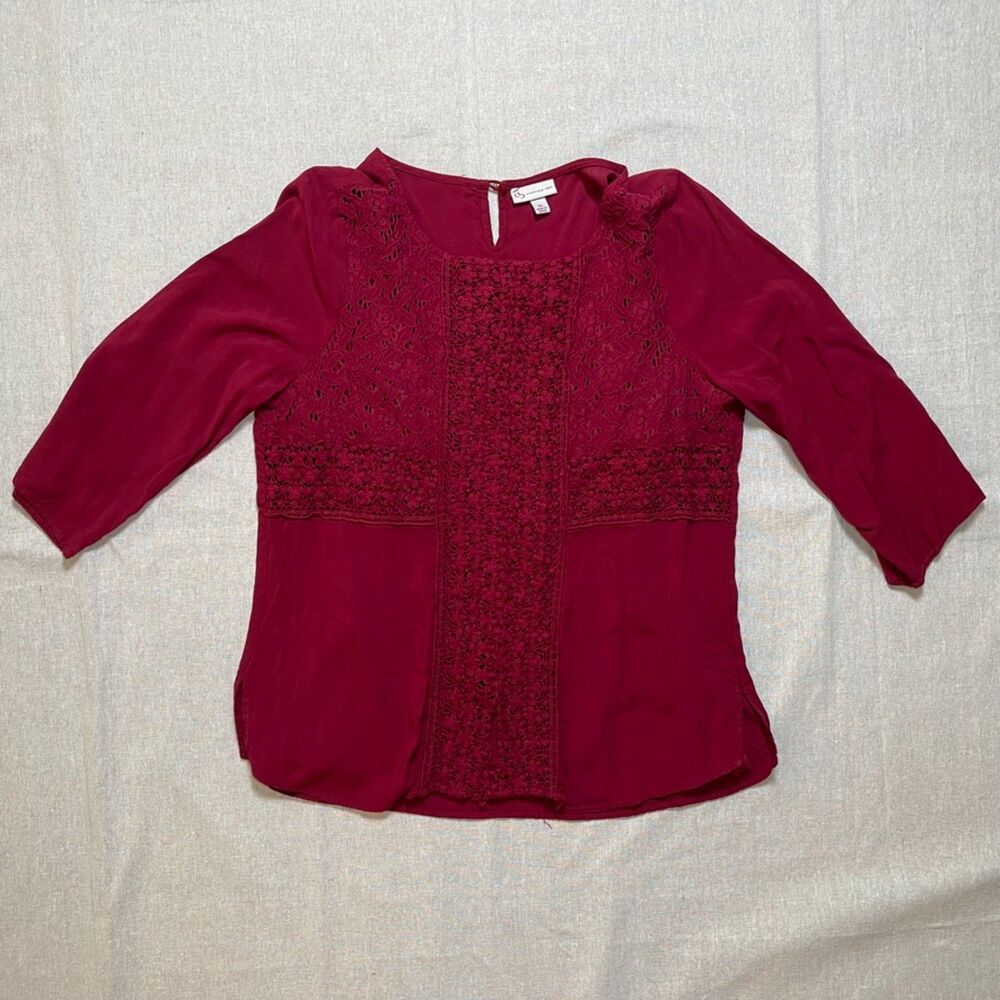 dressbarn | Burgundy Lace Front 3/4 Length Sleeve Top | XL